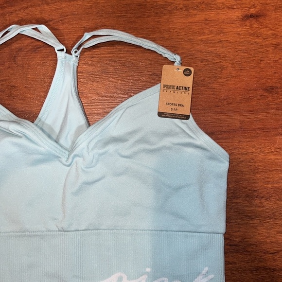 VS Pink Seamless Longline Sports Bra Opal Blue small racerback crop top stretchy - Picture 9 of 11